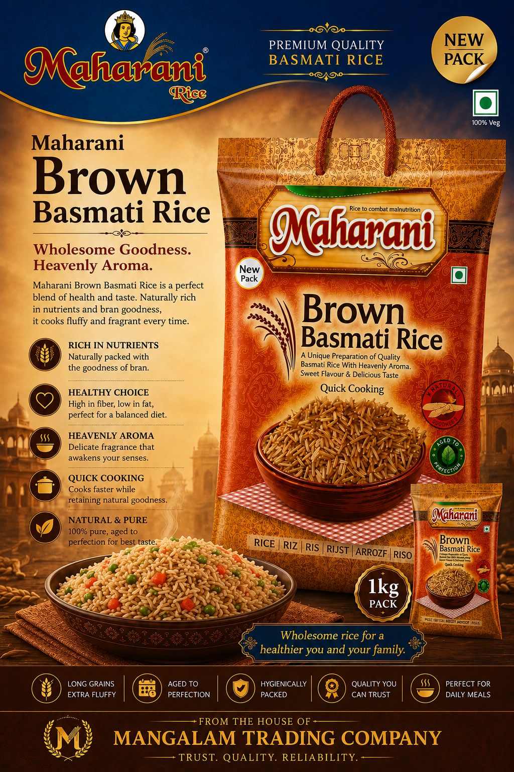 Maharani Brown Basmati Rice bag, high fibre wholegrain rice