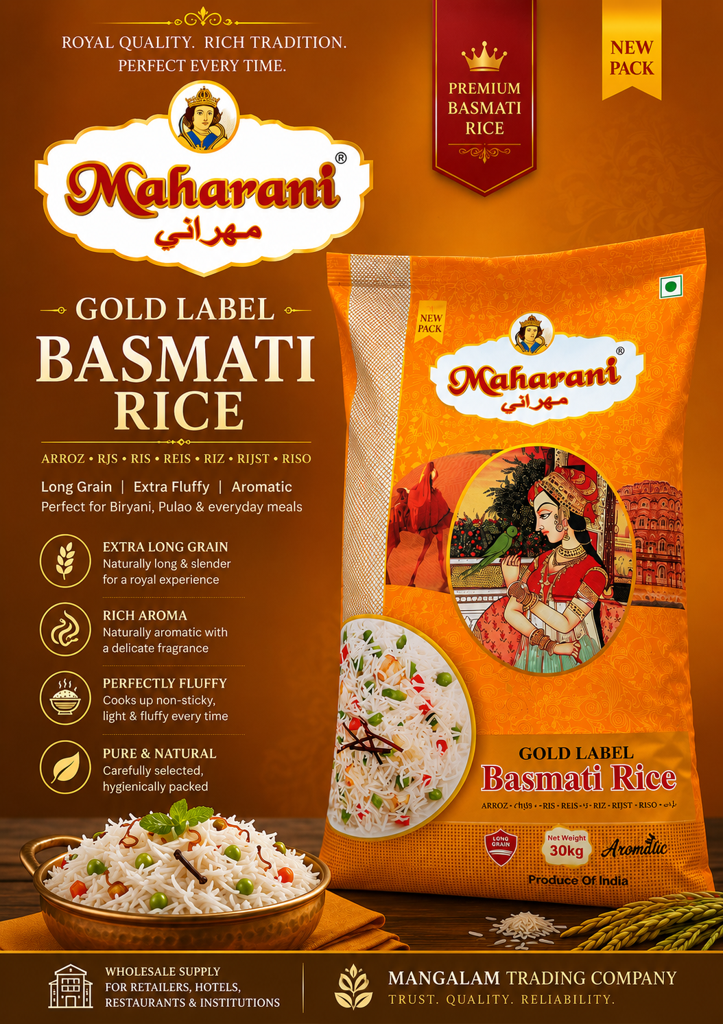 Maharani Gold Label Basmati Rice bag, premium biryani rice
