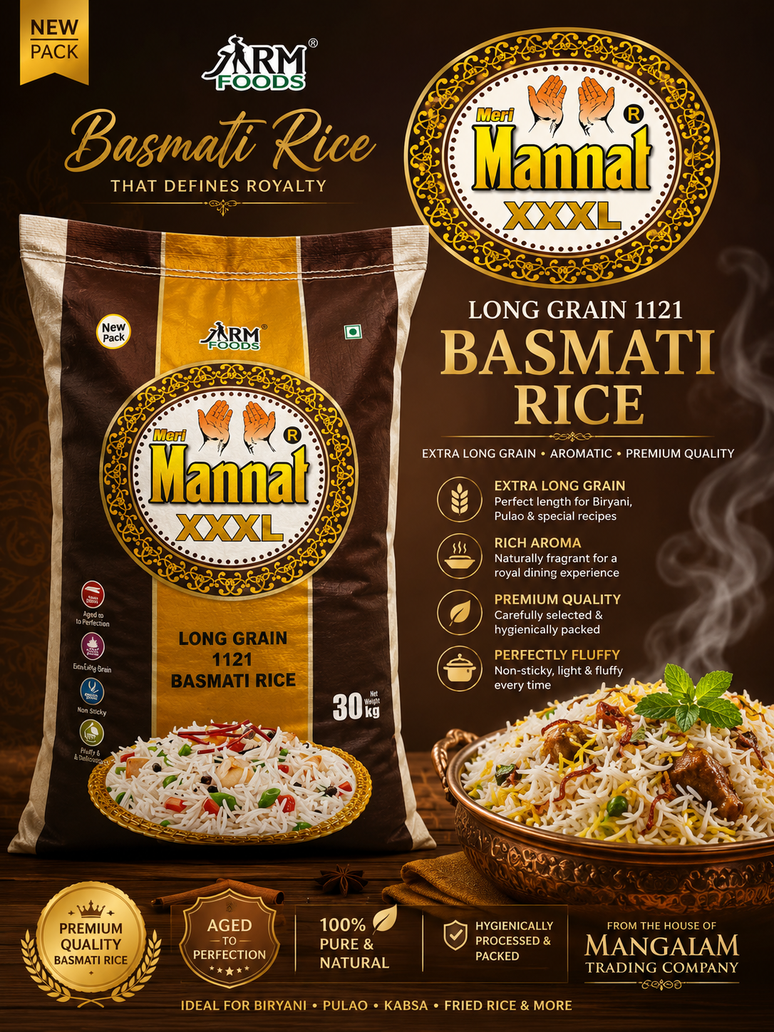Meri Mannat XXXL 1121 Basmati Rice bag, long grain biryani rice